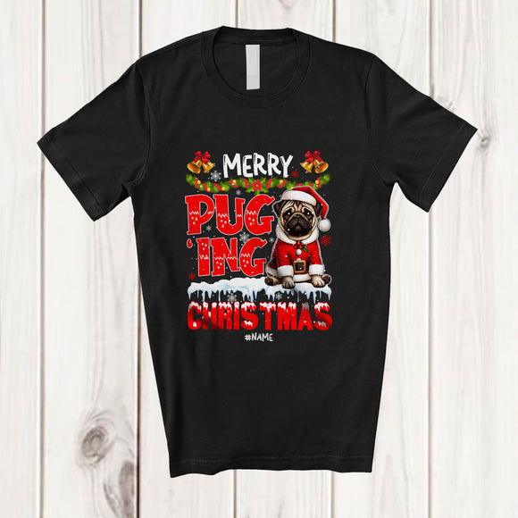 MacnyStore - Personalized Custom Name Merry Puging Christmas; Humorous X-mas Santa Pug Owner Lover T-Shirt