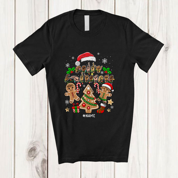 MacnyStore - Personalized Custom Name Merry Christmas; Lovely ASL Sign Language Deaf Gingerbread T-Shirt
