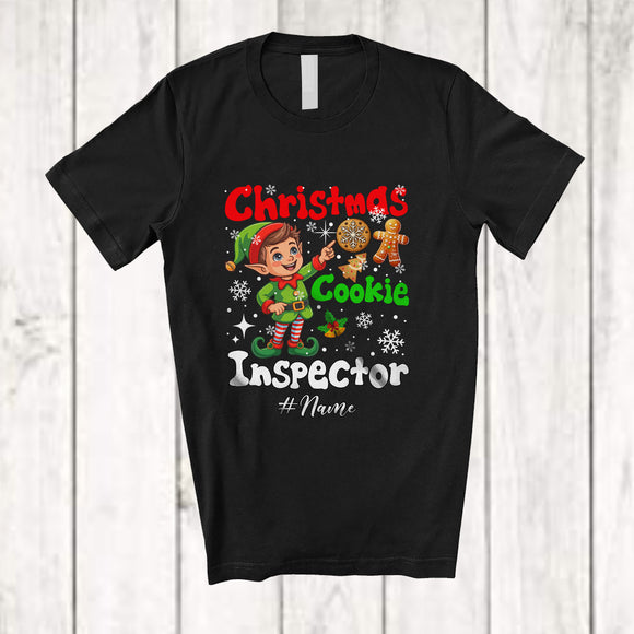 MacnyStore - Personalized Custom Name Christmas Cookie Inspector; Humorous X-mas Lights Snow Elf Family T-Shirt