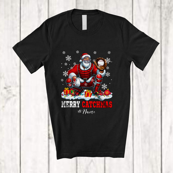 MacnyStore - Personalized Merry Catmas; Joyful Christmas Snow Santa Custom Name Baseball Catcher Player T-Shirt