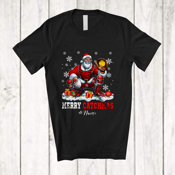 MacnyStore - Personalized Merry Catmas; Joyful Christmas Snow Santa Custom Name Softball Catcher Player T-Shirt