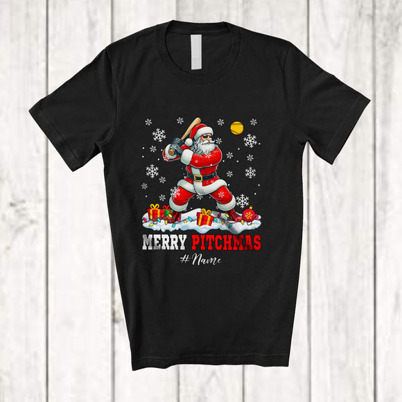 MacnyStore - Personalized Merry Pitchmas; Joyful Christmas Snow Santa Custom Name Softball Pitcher Player T-Shirt