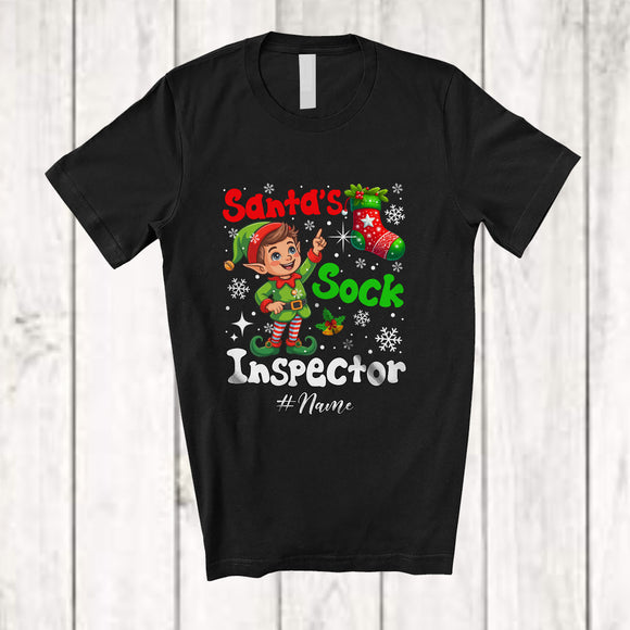 MacnyStore - Personalized Custom Name Santa's Sock Inspector; Humorous Christmas Lights Snow Elf Family T-Shirt