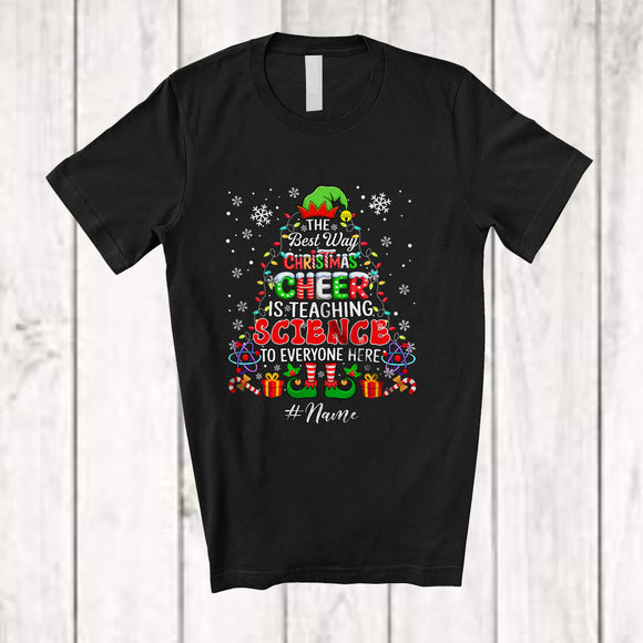 MacnyStore - Personalized Custom Name Spread Christmas Cheer Is Teaching Science; Lovely Elf X-mas Teacher T-Shirt