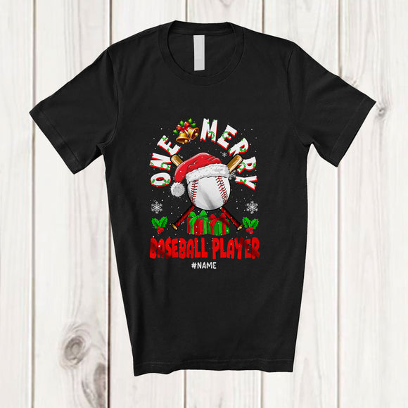 MacnyStore - Personalized Custom Name One Merry Baseball Player; Fantastic Christmas Santa Sport Playing T-Shirt