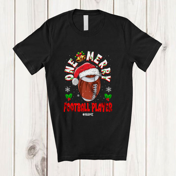 MacnyStore - Personalized Custom Name One Merry Football Player; Fantastic Christmas Santa Sport Playing T-Shirt