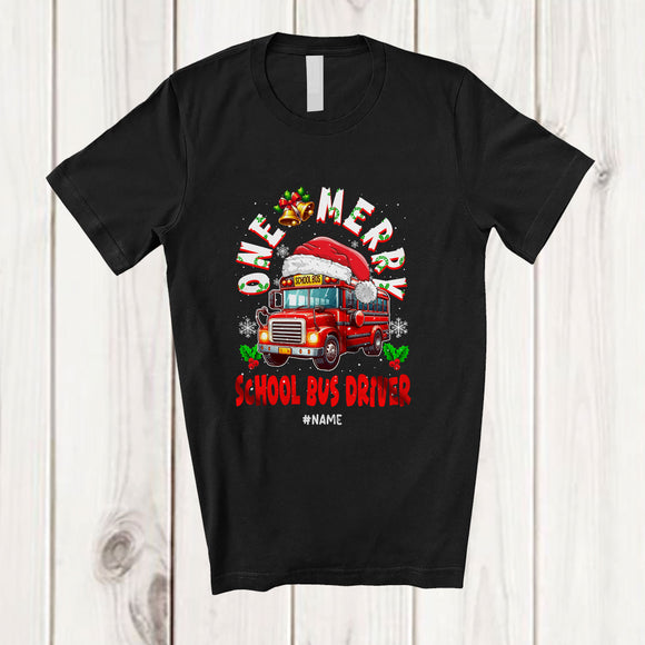 MacnyStore - Personalized Custom Name One Merry School Bus Driver; Fantastic Christmas Santa Jobs Careers T-Shirt