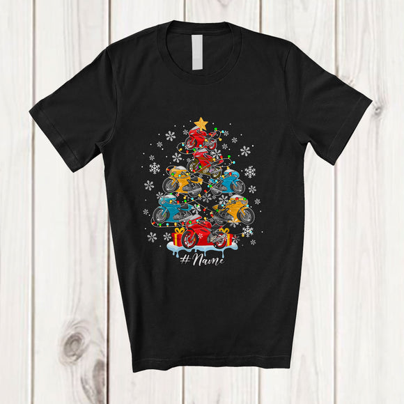MacnyStore - Personalized Custom Name Motorbike Christmas Tree; Amusing X-mas Lights Snow Rider T-Shirt