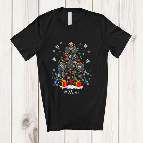 MacnyStore - Personalized Custom Name Badminton Christmas Tree Lights; Joyful Sport Playing Player Team T-Shirt