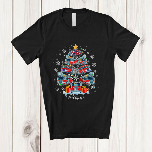 MacnyStore - Personalized Custom Name Fire Truck Christmas Tree; Amusing X-mas Lights Snow Fire Truck Driver T-Shirt