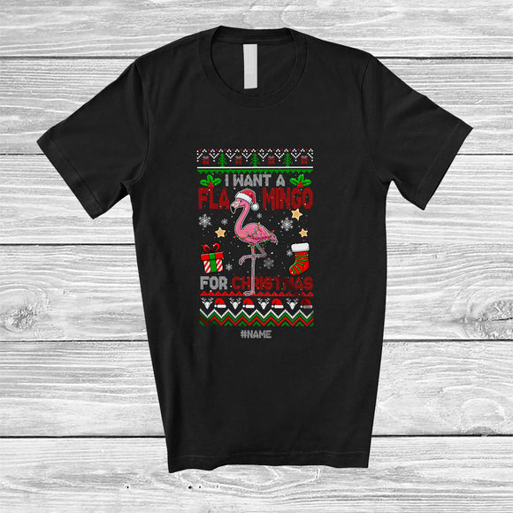 MacnyStore - Personalized I Want A Flamingo For Christmas; Lovely Sweater Custom Name Santa Flamingo T-Shirt