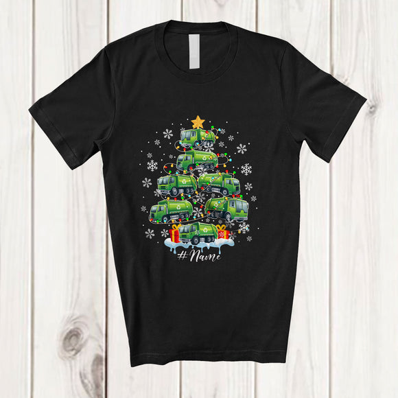 MacnyStore - Personalized Custom Name Garbage Truck Christmas Tree; Amusing X-mas Lights Snow Driver T-Shirt