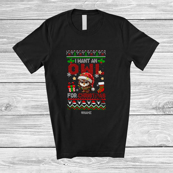 MacnyStore - Personalized I Want An Owl For Christmas; Lovely Sweater Custom Name Santa Owl Bird T-Shirt