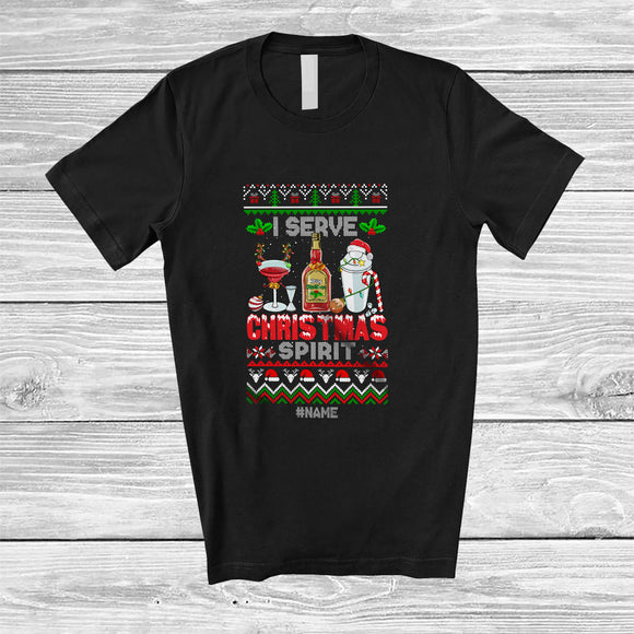 MacnyStore - Personalized Custom Name I Serve Christmas Spirit; Joyful Sweater Wine Whiskey Bartender Waitress T-Shirt