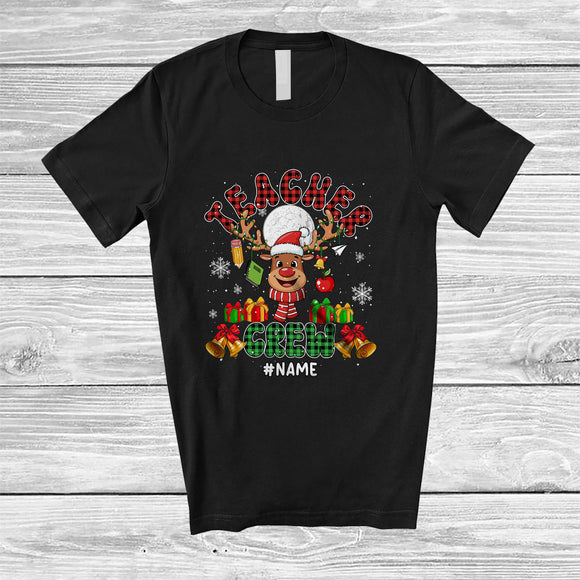 MacnyStore - Personalized Custom Name Teacher Crew; Amazing Christmas Red Green Plaid Reindeer Face T-Shirt