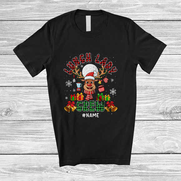 MacnyStore - Personalized Custom Name Lunch Lady Crew; Amazing Christmas Plaid Reindeer Face T-Shirt
