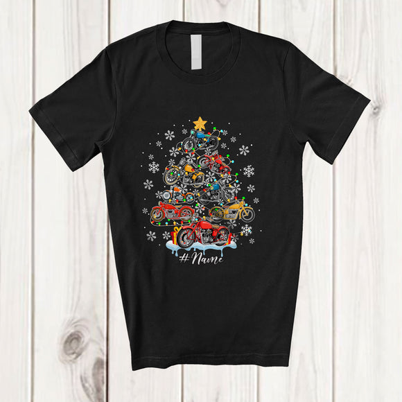 MacnyStore - Personalized Custom Name Motorcycle Christmas Tree; Amusing X-mas Lights Snow Rider T-Shirt