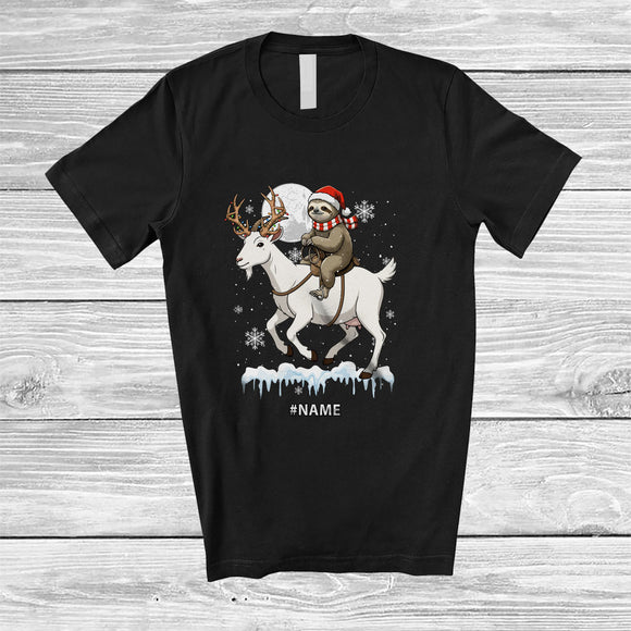 MacnyStore - Personalized Santa Sloth Riding Goat Reindeer; Lovely Christmas Custom Name Farmer T-Shirt