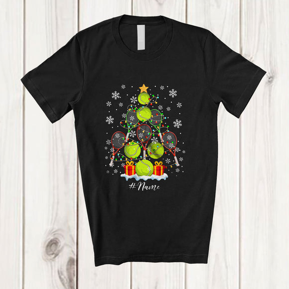 MacnyStore - Personalized Custom Name Tennis Christmas Tree Lights; Joyful Sport Playing Player Team T-Shirt