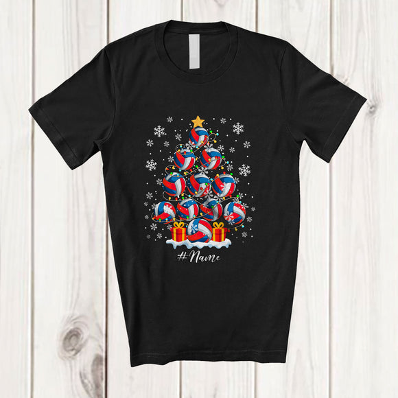 MacnyStore - Personalized Custom Name Volleyball Christmas Tree Lights; Joyful Sport Playing Player Team T-Shirt