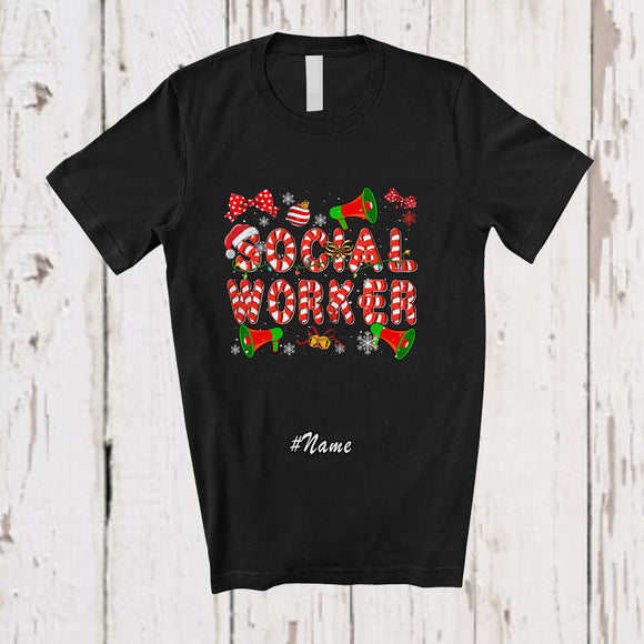 MacnyStore - Personalized Custom Name Social Worker; Lovely Christmas Candy Canes Lover; Jobs Careers T-Shirt