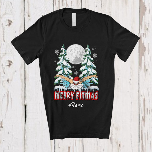 MacnyStore - Personalized Custom Name Fitmas; Merry Christmas Moon Tree Santa Swimming T-Shirt