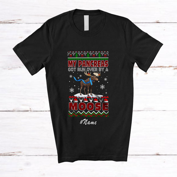 MacnyStore - Personalized Custom Name Pancreas Run Over Moose; Joyful Christmas Sweater Diabetes Plaid T-Shirt