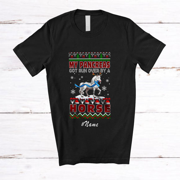 MacnyStore - Personalized Custom Name Pancreas Run Over Horse; Joyful Christmas Sweater Diabetes Plaid T-Shirt