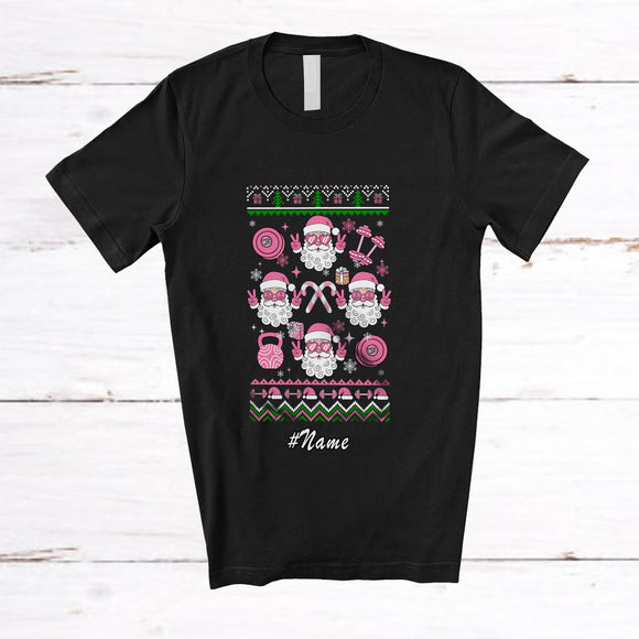 MacnyStore - Personalized Custom Name Pink Weightlifting Fitness Santa; Lovely Christmas Sweater Workout T-Shirt