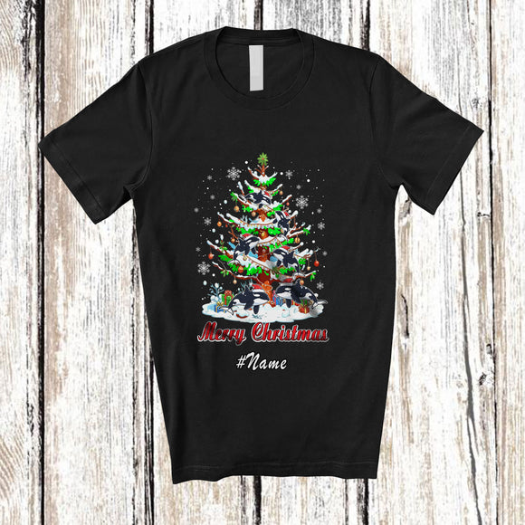 MacnyStore - Personalized Custom Name Merry Christmas; Lovely Santa Orcas On X-mas Tree; Sea Animal T-Shirt