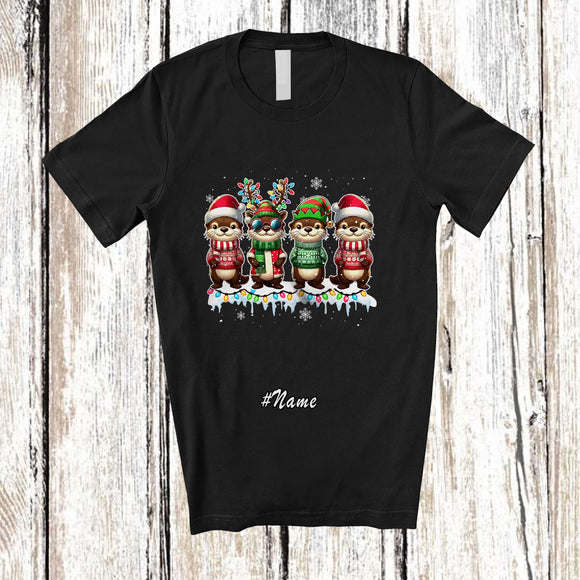 MacnyStore - Personalized Custom Name Four Santa Elf Otter; Adorable Christmas Lights Snow Otter Animal T-Shirt