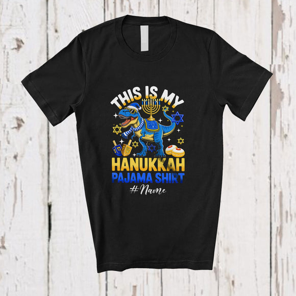 MacnyStore - Personalized Custom Name My Hanukkah Pajama Shirt; Lovely Chanukah Lights T-Rex T-Shirt