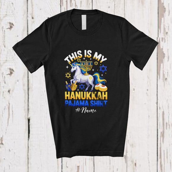 MacnyStore - Personalized Custom Name My Hanukkah Pajama Shirt; Lovely Chanukah Lights Unicorn T-Shirt