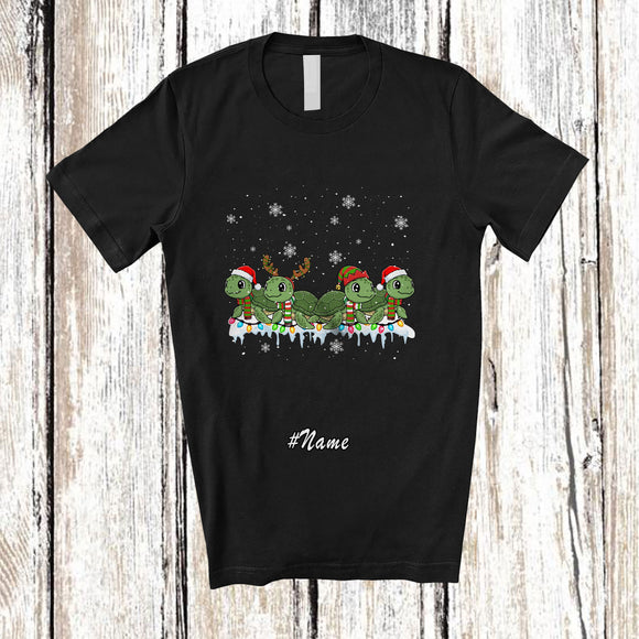 MacnyStore - Personalized Custom Name Four Santa Elf Turtle; Adorable Christmas Lights Snow Turtle Animal T-Shirt