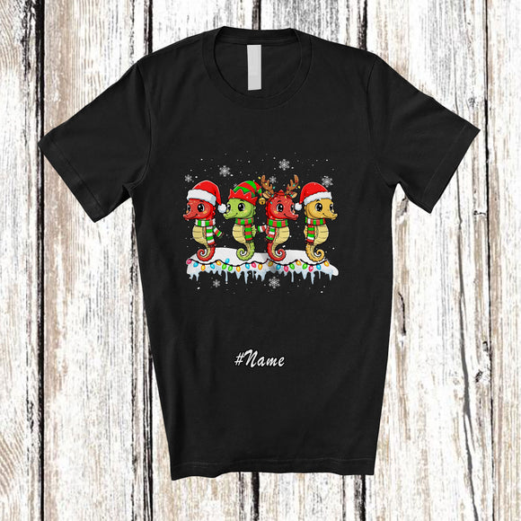 MacnyStore - Personalized Custom Name Four Santa Elf Seahorse; Adorable Christmas Lights Seahorse Animal T-Shirt