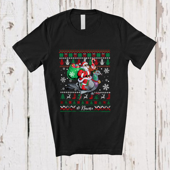 MacnyStore - Personalized Custom Name Santa Riding Reindeer Pigeon Bird; Lovely Christmas Sweater Family T-Shirt