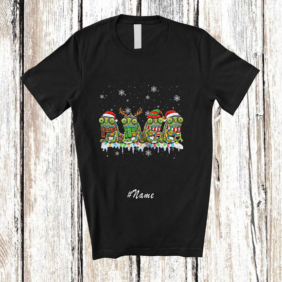 MacnyStore - Personalized Custom Name Four Santa Elf Chameleons; Adorable Christmas Lights Animal T-Shirt