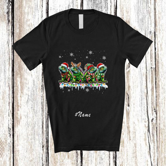 MacnyStore - Personalized Custom Name Four Santa Elf Iguanas; Adorable Christmas Lights Iguana Animal T-Shirt