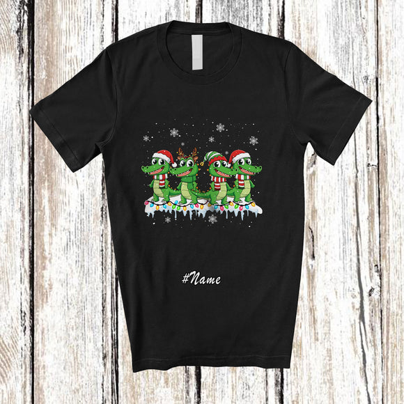 MacnyStore - Personalized Custom Name Four Santa Elf Crocodiles; Adorable Christmas Lights Crocodile Animal T-Shirt