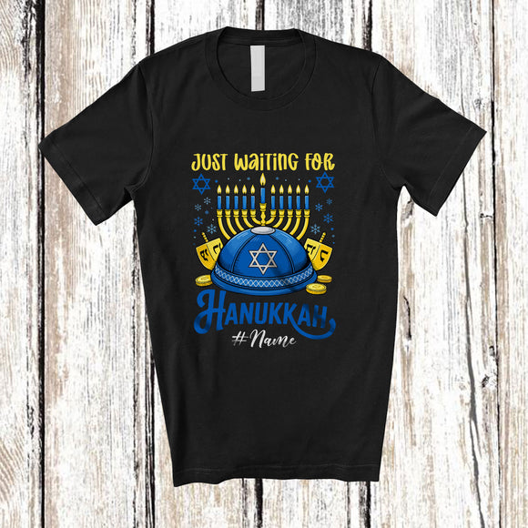 MacnyStore - Personalized Custom Name Just Waiting For Hanukkah; Joyful Chanukah Kippah Hat Menorah T-Shirt