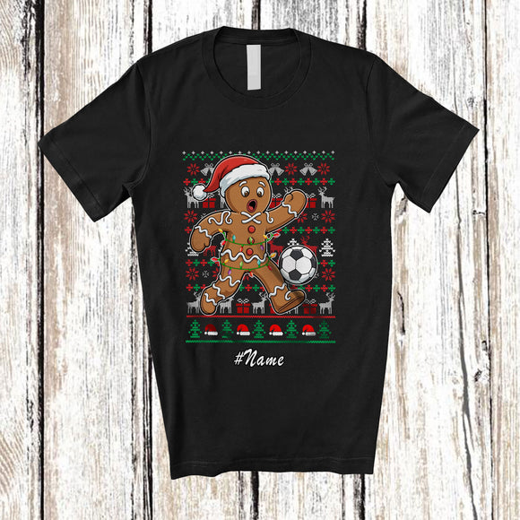 MacnyStore - Personalized Custom Name Gingerbread Playing Soccer; Humorous Christmas Sweater Player T-Shirt