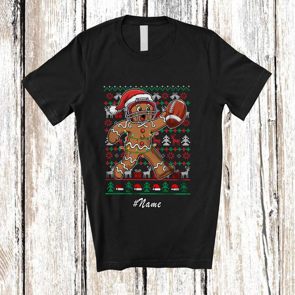 MacnyStore - Personalized Custom Name Gingerbread Playing Football; Humorous Christmas Sweater Player T-Shirt