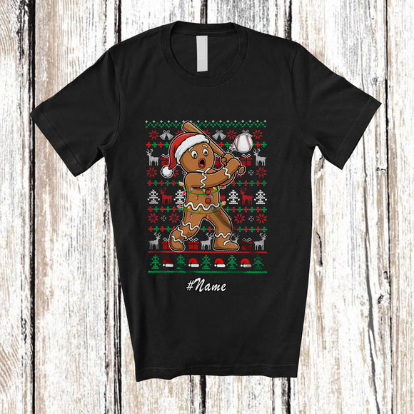 MacnyStore - Personalized Custom Name Gingerbread Playing Baseball; Humorous Christmas Sweater Player T-Shirt