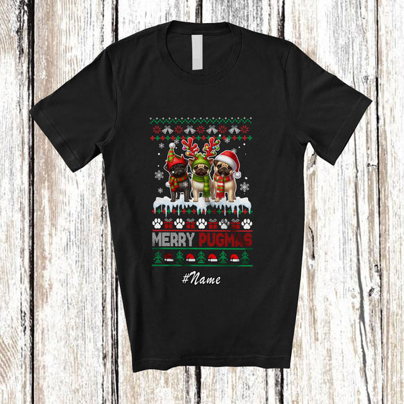 MacnyStore - Personalized Custom Name Merry Pugmas; Joyful Christmas Sweater Santa Black Pug Reindeer T-Shirt