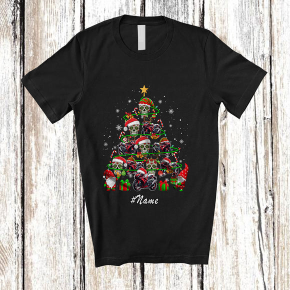 MacnyStore - Personalized Custom Name Mexican Flower Skull Motorbike Christmas Tree; Joyful X-mas Biker T-Shirt