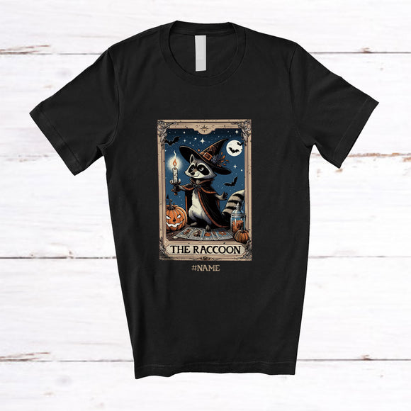 MacnyStore - Personalized Raccoon Witch Tarot Card; Awesome Halloween Custom Name Animal Lover T-Shirt