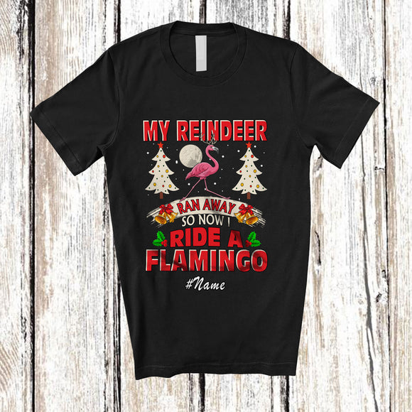 MacnyStore - Personalized Custom Name My Reindeer Ran I Ride A Flamingo; Humorous Christmas Animal T-Shirt
