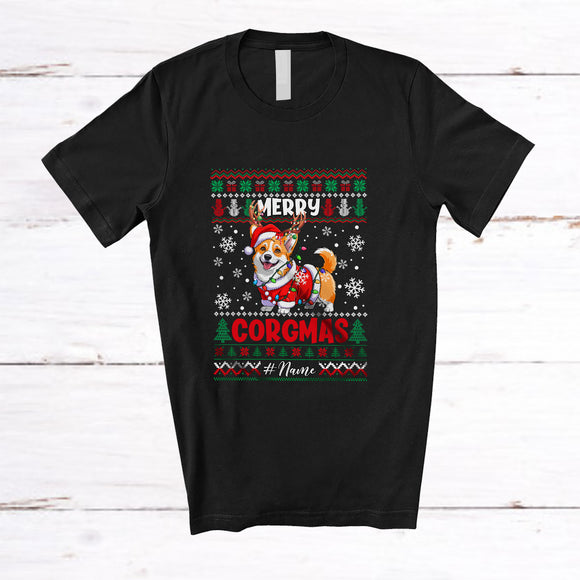 MacnyStore - Personalized Custom Name Merry Corgmas; Lovely Christmas Sweater Corgi Santa Reindeer T-Shirt