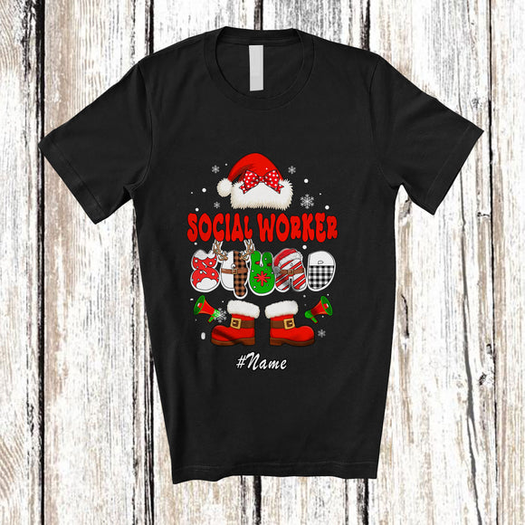 MacnyStore - Personalized Custom Name Social Worker Squad; Lovely Christmas Team Plaid Santa Proud Jobs T-Shirt