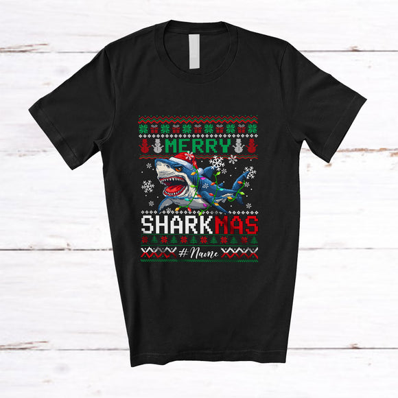 MacnyStore - Personalized Custom Name Merry Sharkmas; Humorous Christmas Sweater Shark Santa Reindeer T-Shirt